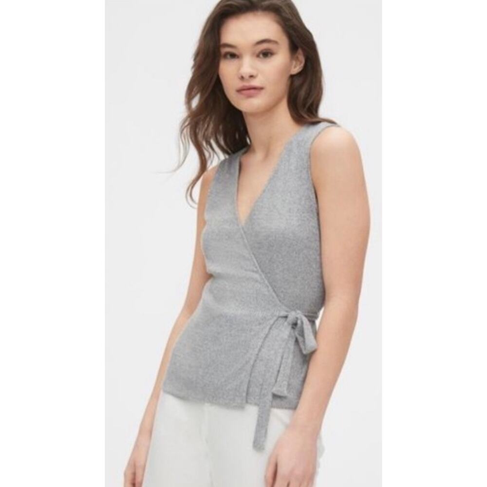 GAP Softspun Ribbed Sleeveless Wrap Top, Heather Grey , size large
